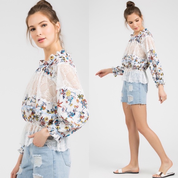 SALE POL White + Blue Flowers & Lace High Neck Top - Picture 9 of 13